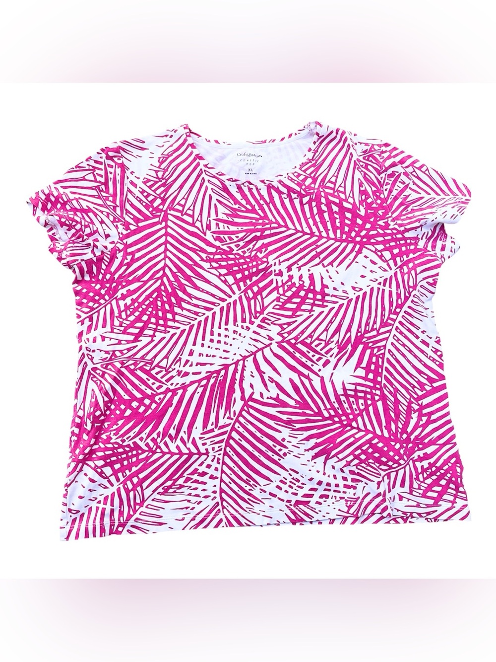 Croft & Barrow Classic Tee, Dark Pink & White Palm Print T-Shirt , size XL